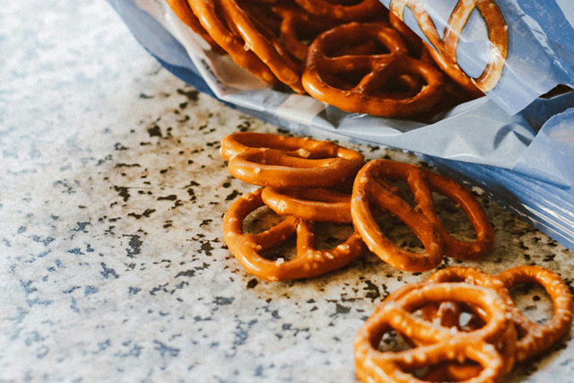 Open bag of pretzels.